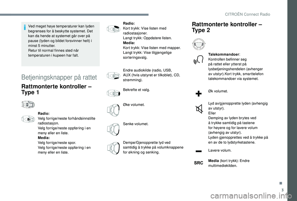 CITROEN C4 CACTUS 2019 InstruksjonsbØker (in Norwegian) 3
Ved meget høye temperaturer kan lyden
begrenses for å beskytte systemet. Det
kan da hende at systemet går over på
pause (lyden og bildet forsvinner helt) i
minst 5 minutter.
Retur til norma CITROEN C4 CACTUS 2019 InstruksjonsbØker (in Norwegian) 3
Ved meget høye temperaturer kan lyden
begrenses for å beskytte systemet. Det
kan da hende at systemet går over på
pause (lyden og bildet forsvinner helt) i
minst 5 minutter.
Retur til norma