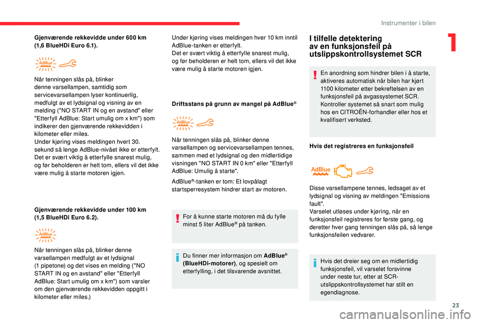 CITROEN C4 CACTUS 2019 InstruksjonsbØker (in Norwegian) 23
Gjenværende rekkevidde under 600 km
(1,6 BlueHDi Euro 6.1).
Gjenværende rekkevidde under 100
km
(1,5
BlueHDi Euro 6.2).
Når tenningen slås på, blinker
denne varsellampen, samtidig so CITROEN C4 CACTUS 2019 InstruksjonsbØker (in Norwegian) 23
Gjenværende rekkevidde under 600 km
(1,6 BlueHDi Euro 6.1).
Gjenværende rekkevidde under 100
km
(1,5
BlueHDi Euro 6.2).
Når tenningen slås på, blinker
denne varsellampen, samtidig so