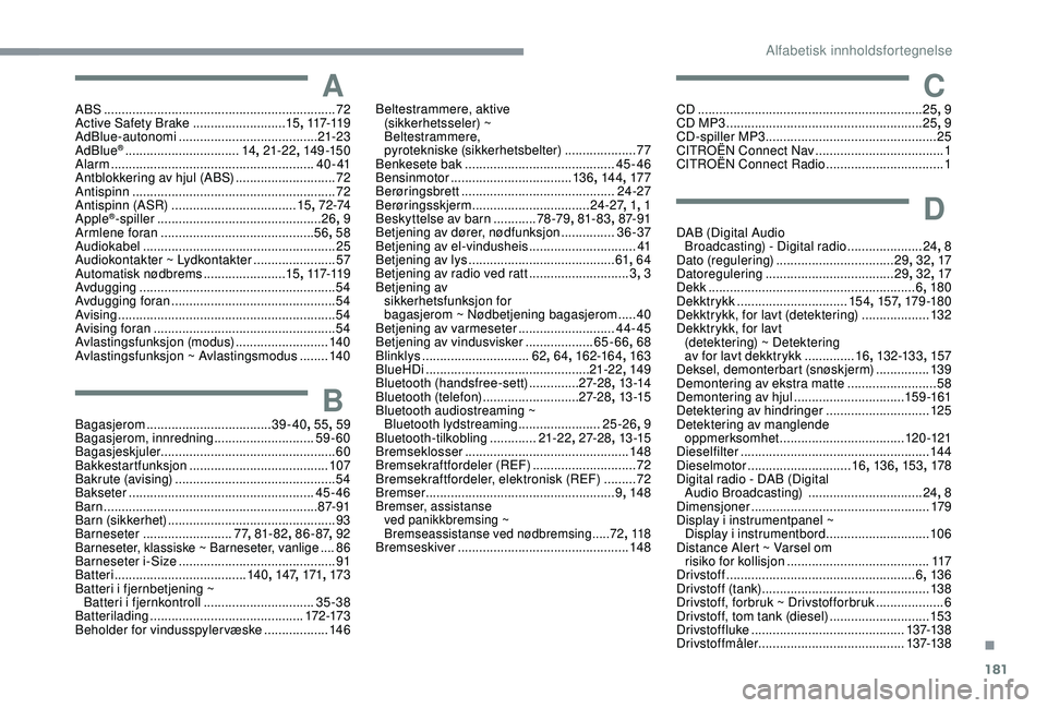 CITROEN C4 CACTUS 2019 InstruksjonsbØker (in Norwegian) 181
AABS .................................................................72
Active Safety Brake .......................... 15, 117-11 9
AdBlue-autonomi
....................................... 21-2 CITROEN C4 CACTUS 2019 InstruksjonsbØker (in Norwegian) 181
AABS .................................................................72
Active Safety Brake .......................... 15, 117-11 9
AdBlue-autonomi
....................................... 21-2