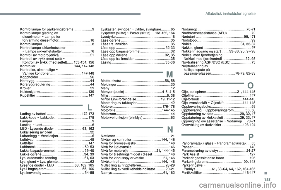 CITROEN C4 CACTUS 2019 InstruksjonsbØker (in Norwegian) 183
Kontrollampe for parkeringsbrems ...................9
Kontrollampe gløding av dieselmotor ~ Lampe for
forvarming dieselmotor .................................16
Kontrollamper
............... CITROEN C4 CACTUS 2019 InstruksjonsbØker (in Norwegian) 183
Kontrollampe for parkeringsbrems ...................9
Kontrollampe gløding av dieselmotor ~ Lampe for
forvarming dieselmotor .................................16
Kontrollamper
...............