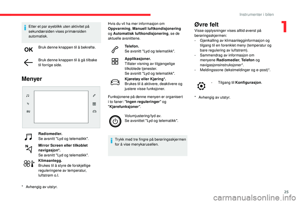 CITROEN C4 CACTUS 2019 InstruksjonsbØker (in Norwegian) 25
Radiomedier.
Se avsnitt "Lyd og telematikk".
Mirror Screen eller tilkoblet
navigasjon*.
Se avsnitt "Lyd og telematikk".
Klimaanlegg.
Brukes til å styre de forskjellige
regulering CITROEN C4 CACTUS 2019 InstruksjonsbØker (in Norwegian) 25
Radiomedier.
Se avsnitt "Lyd og telematikk".
Mirror Screen eller tilkoblet
navigasjon*.
Se avsnitt "Lyd og telematikk".
Klimaanlegg.
Brukes til å styre de forskjellige
regulering