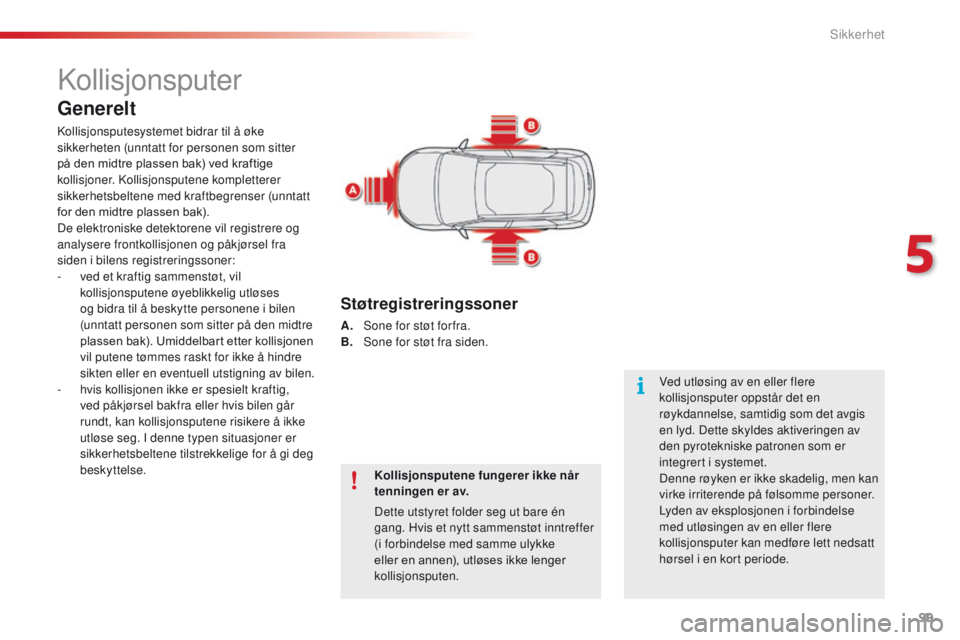 CITROEN C4 CACTUS 2018 InstruksjonsbØker (in Norwegian) 99
C4-cactus_no_Chap05_securite_ed01-2016
Kollisjonsputer
Generelt
Kollisjonsputesystemet bidrar til å øke
sikkerheten (unntatt for personen som sitter
på den midtre plassen bak) ved kraftige
ko CITROEN C4 CACTUS 2018 InstruksjonsbØker (in Norwegian) 99
C4-cactus_no_Chap05_securite_ed01-2016
Kollisjonsputer
Generelt
Kollisjonsputesystemet bidrar til å øke
sikkerheten (unntatt for personen som sitter
på den midtre plassen bak) ved kraftige
ko