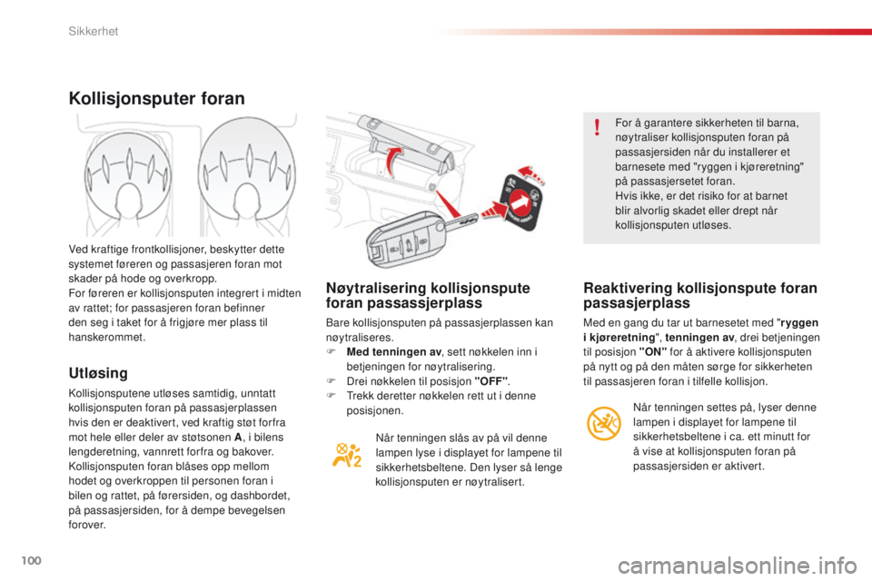 CITROEN C4 CACTUS 2018 InstruksjonsbØker (in Norwegian) 100
C4-cactus_no_Chap05_securite_ed01-2016
Nøytralisering kollisjonspute
foran passassjerplass
Bare kollisjonsputen på passasjerplassen kan
nøytraliseres.
F
Med t
enningen av , sett nøkkelen in CITROEN C4 CACTUS 2018 InstruksjonsbØker (in Norwegian) 100
C4-cactus_no_Chap05_securite_ed01-2016
Nøytralisering kollisjonspute
foran passassjerplass
Bare kollisjonsputen på passasjerplassen kan
nøytraliseres.
F
Med t
enningen av , sett nøkkelen in