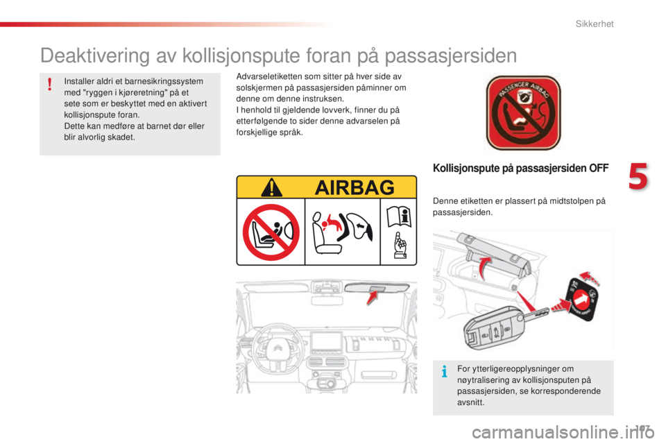 CITROEN C4 CACTUS 2018 InstruksjonsbØker (in Norwegian) 107
C4-cactus_no_Chap05_securite_ed01-2016
Kollisjonspute på passasjersiden OFF
Advarseletiketten som sitter på hver side av
solskjermen på passasjersiden påminner om
denne om denne instruksen.
CITROEN C4 CACTUS 2018 InstruksjonsbØker (in Norwegian) 107
C4-cactus_no_Chap05_securite_ed01-2016
Kollisjonspute på passasjersiden OFF
Advarseletiketten som sitter på hver side av
solskjermen på passasjersiden påminner om
denne om denne instruksen.