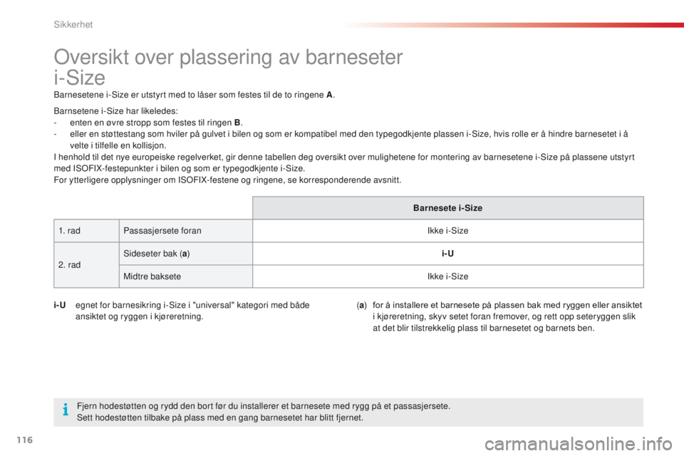 CITROEN C4 CACTUS 2018  InstruksjonsbØker (in Norwegian) 116
C4-cactus_no_Chap05_securite_ed01-2016
Oversikt over plassering av barneseter  
i-Size
Barnesetene i-Size er utstyrt med to låser som festes til de to ringene A.
i-U
 eg
 net for barnesikring i-S