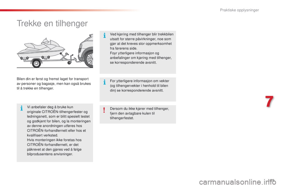 CITROEN C4 CACTUS 2018 InstruksjonsbØker (in Norwegian) 159
C4-cactus_no_Chap07_info-pratiques_ed01-2016
Dersom du ikke kjører med tilhenger,
fjern den avtagbare kulen til
tilhengerfestet.
Trekke en tilhenger
Vi anbefaler deg å bruke kun
originale CIT CITROEN C4 CACTUS 2018 InstruksjonsbØker (in Norwegian) 159
C4-cactus_no_Chap07_info-pratiques_ed01-2016
Dersom du ikke kjører med tilhenger,
fjern den avtagbare kulen til
tilhengerfestet.
Trekke en tilhenger
Vi anbefaler deg å bruke kun
originale CIT