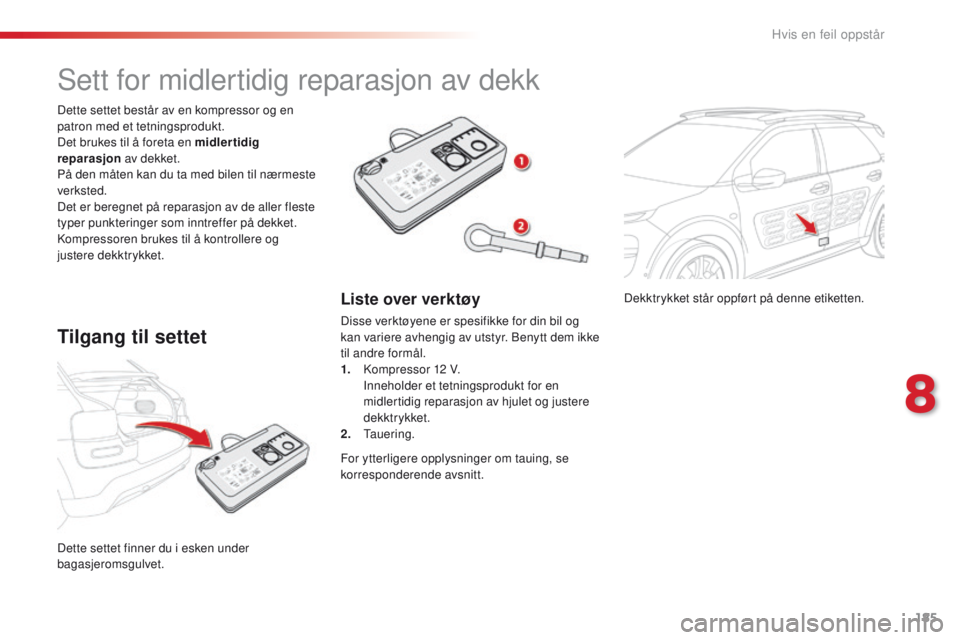 CITROEN C4 CACTUS 2018  InstruksjonsbØker (in Norwegian) 185
C4-cactus_no_Chap08_En-cas-de-panne_ed01-2016
Dekktrykket står oppført på denne etiketten.
Dette settet finner du i esken under 
bagasjeromsgulvet. Dette settet består av en kompressor og en 
