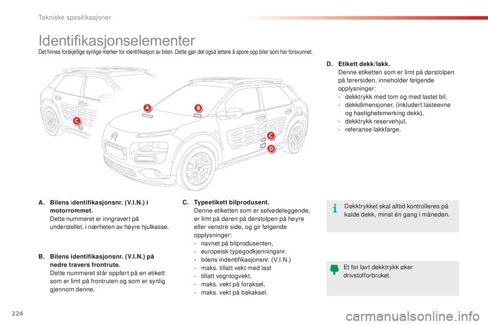 CITROEN C4 CACTUS 2018 InstruksjonsbØker (in Norwegian) 224
C4-cactus_no_Chap09_caracteristiques-techniques_ed01-2016
IdentifikasjonselementerDet finnes forskjellige synlige merker for identifikasjon av bilen. Dette gjør det også lettere å spore opp bil CITROEN C4 CACTUS 2018 InstruksjonsbØker (in Norwegian) 224
C4-cactus_no_Chap09_caracteristiques-techniques_ed01-2016
IdentifikasjonselementerDet finnes forskjellige synlige merker for identifikasjon av bilen. Dette gjør det også lettere å spore opp bil