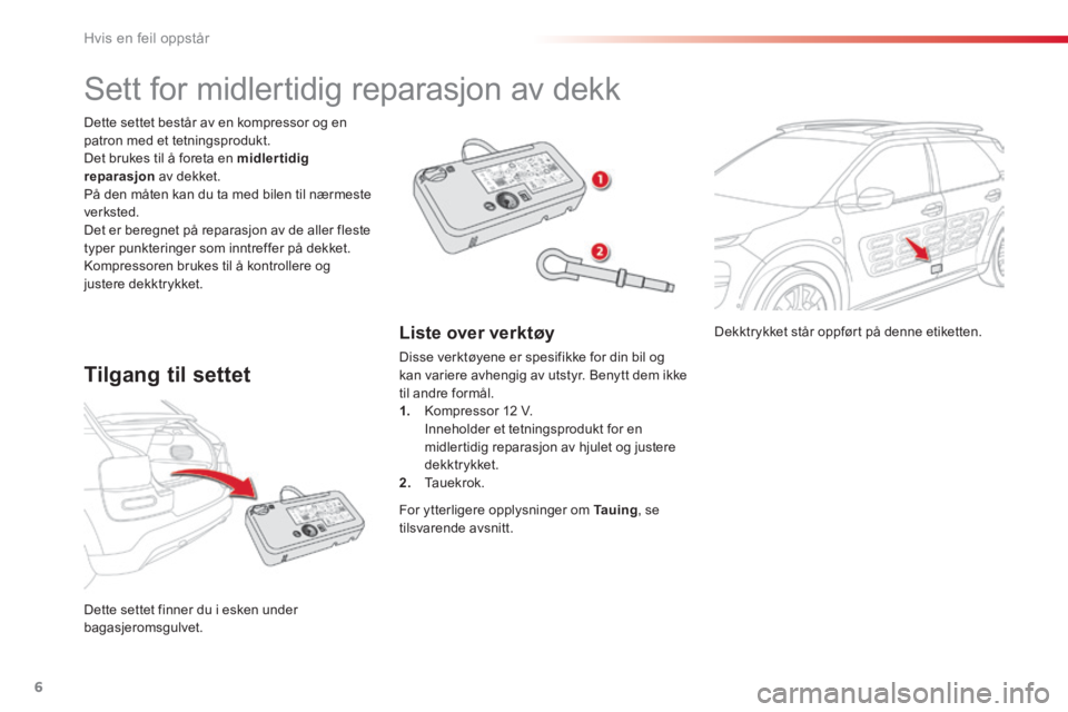 CITROEN C4 CACTUS 2018  InstruksjonsbØker (in Norwegian) 6
Hvis en feil oppstår
      Dekktrykket  står  oppført  på  denne  etiketten.  
 Dette settet finner du i esken under bagasjeromsgulvet.  
  Dette settet består av en kompressor og en patron med