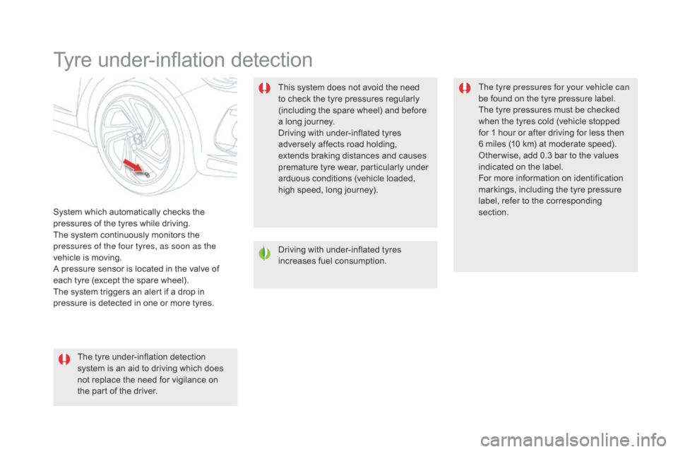 Citroen DS5 2016 1.G Owners Manual DS5_en_Chap04_conduite_ed02-2015
Tyre under-inflation detection
System which automatically checks the 
pressures of the tyres while driving.
The system continuously monitors the 
pressures of the four