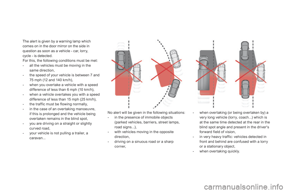 Citroen DS5 2016 1.G Owners Manual DS5_en_Chap04_conduite_ed02-2015
The alert is given by a warning lamp which
comes on in the door mirror on the side in
question as soon as a vehicle - car, lorry,
cycle - is detected.
For this, th Citroen DS5 2016 1.G Owners Manual DS5_en_Chap04_conduite_ed02-2015
The alert is given by a warning lamp which
comes on in the door mirror on the side in
question as soon as a vehicle - car, lorry,
cycle - is detected.
For this, th