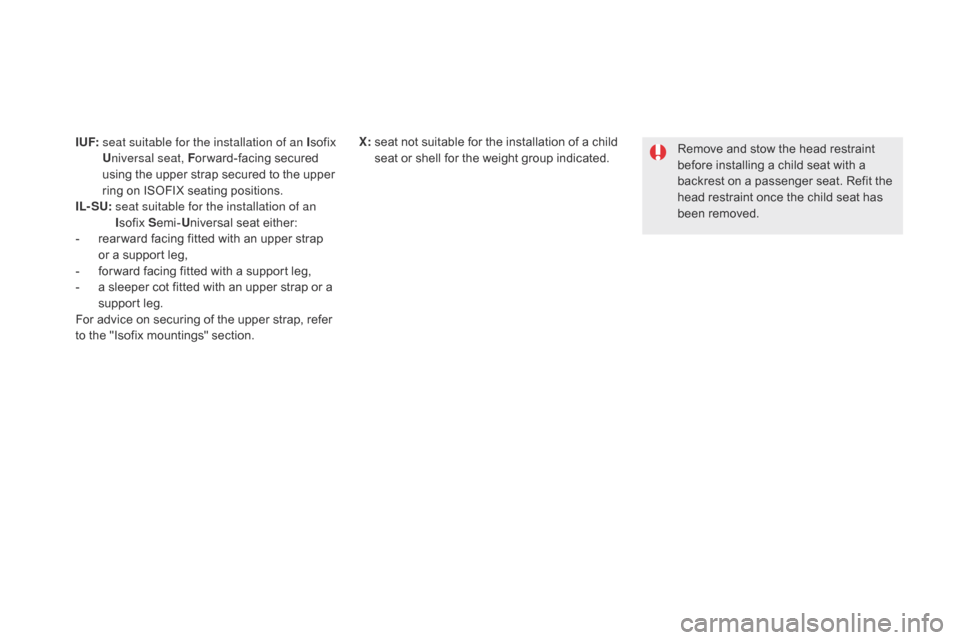 Citroen DS5 2016 1.G Owners Manual DS5_en_Chap06_securite-enfants_ed02-2015
I UF: seat suitable for the installation of an I s ofix
U niversal seat, F or ward-facing secured
using the upper strap secured to the upper
ring on ISOFIX Citroen DS5 2016 1.G Owners Manual DS5_en_Chap06_securite-enfants_ed02-2015
I UF: seat suitable for the installation of an I s ofix
U niversal seat, F or ward-facing secured
using the upper strap secured to the upper
ring on ISOFIX