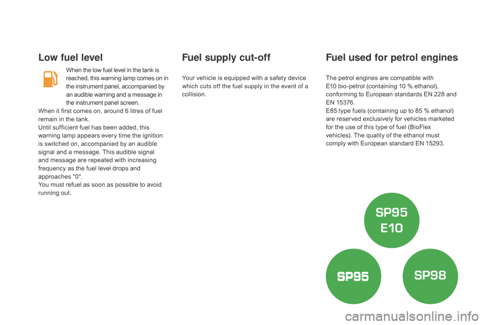 Citroen DS5 2016 1.G Owners Manual DS5_en_Chap09_verifications_ed02-2015
Low fuel level
When the low fuel level in the tank is 
reached, this warning lamp comes on in 
the instrument panel, accompanied by 
an audible warning and a mess