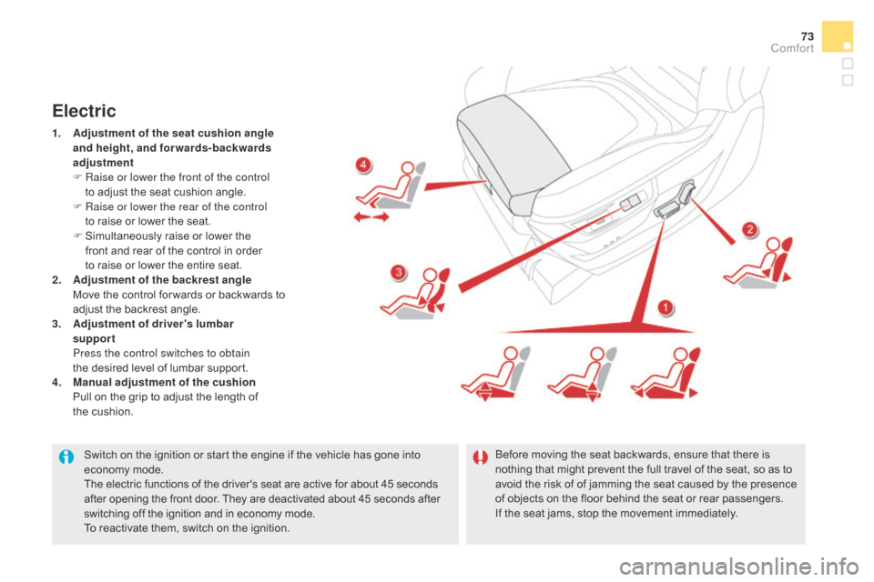 Citroen DS5 2016 1.G Owners Manual 73
DS5_en_Chap03_confort_ed02-2015
Switch on the ignition or start the engine if the vehicle has gone into 
economy mode.
The electric functions of the drivers seat are active for about 45 seconds 
a
