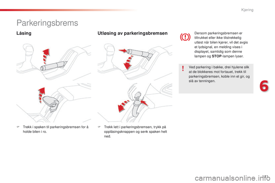 CITROEN C4 CACTUS 2016 InstruksjonsbØker (in Norwegian) 121
C4-cactus_no_Chap06_conduite_ed01-2015
Parkeringsbrems
LåsingUtløsing av parkeringsbremsen
Ved parkering i bakke, drei hjulene slik
at de blokkeres mot fortauet, trekk til
parkeringsbremsen, k CITROEN C4 CACTUS 2016 InstruksjonsbØker (in Norwegian) 121
C4-cactus_no_Chap06_conduite_ed01-2015
Parkeringsbrems
LåsingUtløsing av parkeringsbremsen
Ved parkering i bakke, drei hjulene slik
at de blokkeres mot fortauet, trekk til
parkeringsbremsen, k