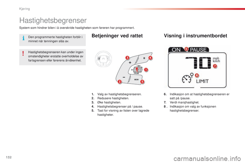 CITROEN C4 CACTUS 2016  InstruksjonsbØker (in Norwegian) 132
C4-cactus_no_Chap06_conduite_ed01-2015
Betjeninger ved rattet
6.   Indikasjon om at hastighetsbegrenseren er 
satt på  /pause.
7. 
 
V
 erdi marsjhastighet.
8 . 
 
I
 ndikasjon om valg av funksjo
