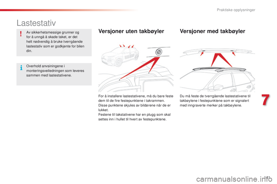 CITROEN C4 CACTUS 2016 InstruksjonsbØker (in Norwegian) 161
C4-cactus_no_Chap07_info-pratiques_ed01-2015
Lastestativ
Av sikkerhetsmessige grunner og
for å unngå å skade taket, er det
helt nødvendig å bruke tverrgående
lastestativ som er godkjente CITROEN C4 CACTUS 2016 InstruksjonsbØker (in Norwegian) 161
C4-cactus_no_Chap07_info-pratiques_ed01-2015
Lastestativ
Av sikkerhetsmessige grunner og
for å unngå å skade taket, er det
helt nødvendig å bruke tverrgående
lastestativ som er godkjente