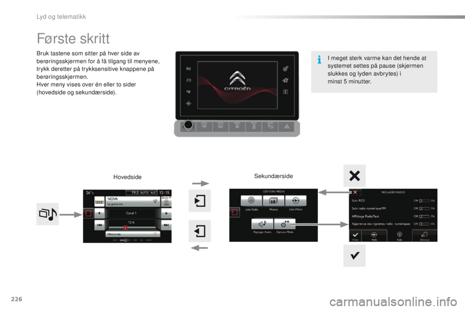 CITROEN C4 CACTUS 2016  InstruksjonsbØker (in Norwegian) 226
C4-cactus_no_Chap10b_SMEGplus_ed01-2015
Første skr it t
Bruk tastene som sitter på hver side av 
berøringsskjermen for å få tilgang til menyene, 
trykk deretter på trykksensitive knappene p