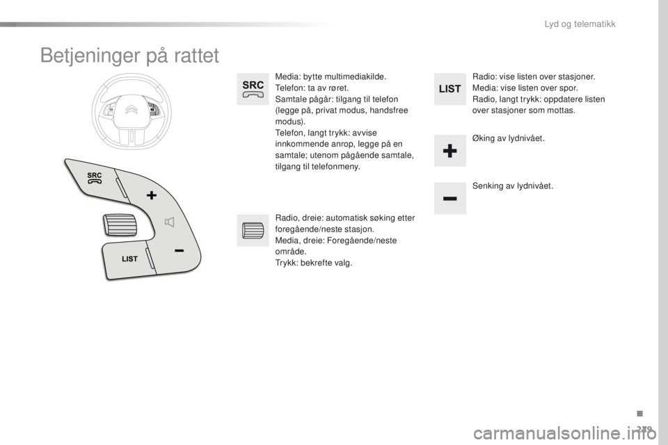 CITROEN C4 CACTUS 2016 InstruksjonsbØker (in Norwegian) 229
C4-cactus_no_Chap10b_SMEGplus_ed01-2015
Betjeninger på rattet
Media: bytte multimediakilde.
Telefon: ta av røret.
Samtale pågår: tilgang til telefon
(legge på, privat modus, handsfree
m o d CITROEN C4 CACTUS 2016 InstruksjonsbØker (in Norwegian) 229
C4-cactus_no_Chap10b_SMEGplus_ed01-2015
Betjeninger på rattet
Media: bytte multimediakilde.
Telefon: ta av røret.
Samtale pågår: tilgang til telefon
(legge på, privat modus, handsfree
m o d