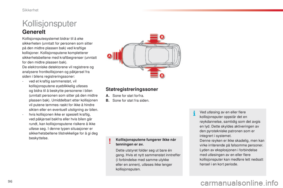 CITROEN C4 CACTUS 2016  InstruksjonsbØker (in Norwegian) 96
C4-cactus_no_Chap05_securite_ed01-2015
Kollisjonsputer
Generelt
Kollisjonsputesystemet bidrar til å øke 
sikkerheten (unntatt for personen som sitter 
på den midtre plassen bak) ved kraftige 
ko