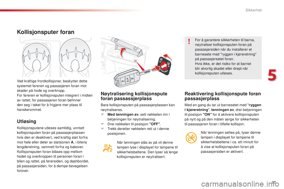 CITROEN C4 CACTUS 2016  InstruksjonsbØker (in Norwegian) 97
C4-cactus_no_Chap05_securite_ed01-2015
Nøytralisering kollisjonspute 
foran passassjerplass
Bare kollisjonsputen på passasjerplassen kan 
nøytraliseres.
F 
Me
 d tenningen av , sett nøkkelen in