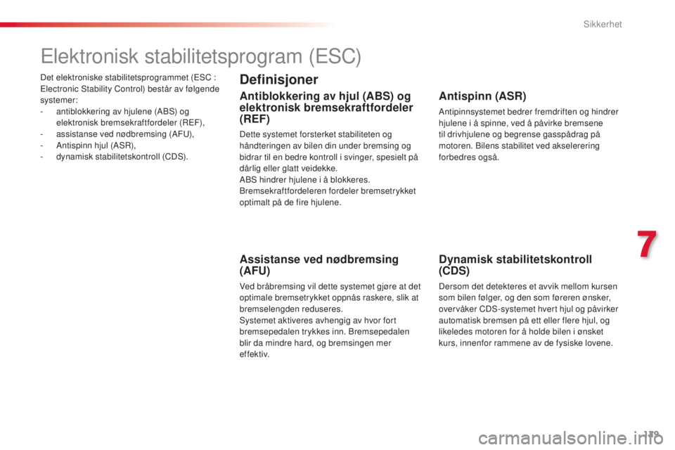 CITROEN C4 CACTUS 2015 InstruksjonsbØker (in Norwegian) 129
C4-cactus_no_Chap07_securite_ed02-2014
Det elektroniske stabilitetsprogrammet (EsC :
E lectronic st ability Control) består av følgende
systemer:
-
a
ntiblokkering av hjulene (A
b
s
) o
CITROEN C4 CACTUS 2015 InstruksjonsbØker (in Norwegian) 129
C4-cactus_no_Chap07_securite_ed02-2014
Det elektroniske stabilitetsprogrammet (EsC :
E lectronic st ability Control) består av følgende
systemer:
-
a
ntiblokkering av hjulene (A
b
s
) o