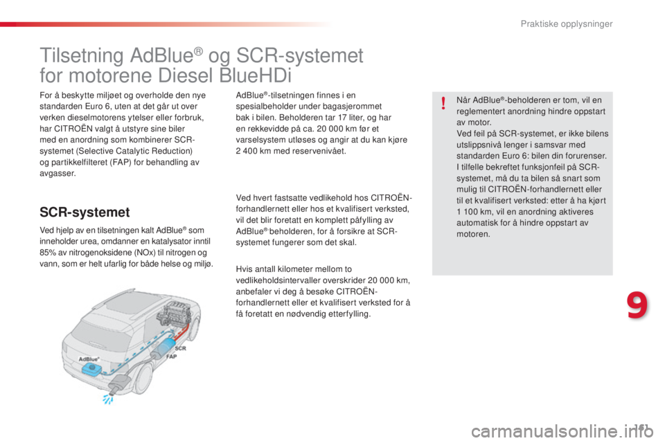 CITROEN C4 CACTUS 2015 InstruksjonsbØker (in Norwegian) 161
C4-cactus_no_Chap09_info-pratiques_ed02-2014
tilsetning Adblue® og sCr-systemet
for motorene Diesel b
l
ueHDi
For å beskytte miljøet og overholde den nye
standarden Euro 6, uten at det går CITROEN C4 CACTUS 2015 InstruksjonsbØker (in Norwegian) 161
C4-cactus_no_Chap09_info-pratiques_ed02-2014
tilsetning Adblue® og sCr-systemet
for motorene Diesel b
l
ueHDi
For å beskytte miljøet og overholde den nye
standarden Euro 6, uten at det går