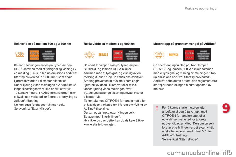 CITROEN C4 CACTUS 2015  InstruksjonsbØker (in Norwegian) 163
C4-cactus_no_Chap09_info-pratiques_ed02-2014
Rekkevidde på mellom 600 og 2 400 km Rekkevidde på mellom 0   og 600   kmMotorstopp på grunn av mangel på AdBlue®
For å kunne starte motoren igje
