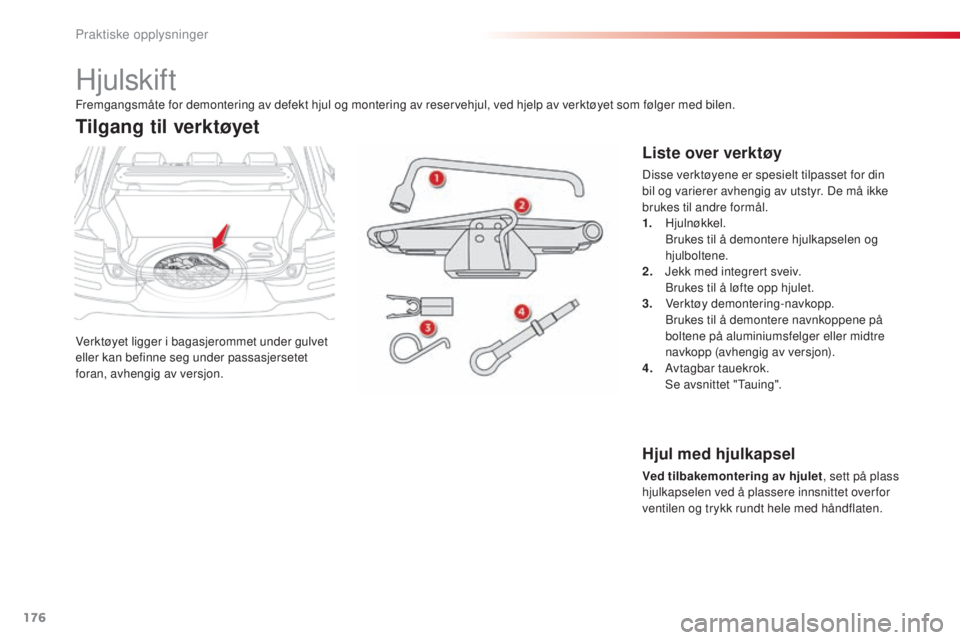 CITROEN C4 CACTUS 2015 InstruksjonsbØker (in Norwegian) 176
C4-cactus_no_Chap09_info-pratiques_ed02-2014
Hjulskift
Verktøyet ligger i bagasjerommet under gulvet
eller kan befinne seg under passasjersetet
foran, avhengig av versjon.
Tilgang til verktøye CITROEN C4 CACTUS 2015 InstruksjonsbØker (in Norwegian) 176
C4-cactus_no_Chap09_info-pratiques_ed02-2014
Hjulskift
Verktøyet ligger i bagasjerommet under gulvet
eller kan befinne seg under passasjersetet
foran, avhengig av versjon.
Tilgang til verktøye
