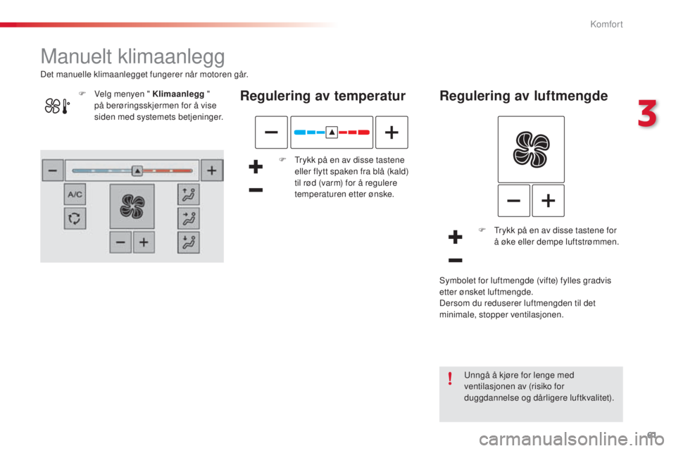 CITROEN C4 CACTUS 2015 InstruksjonsbØker (in Norwegian) 61
C4-cactus_no_Chap03_confort_ed02-2014
Manuelt klimaanlegg
Regulering av temperatur
F trykk på en av disse tastene eller flytt spaken fra blå (kald)
til rød (varm) for å regulere
temperaturen CITROEN C4 CACTUS 2015 InstruksjonsbØker (in Norwegian) 61
C4-cactus_no_Chap03_confort_ed02-2014
Manuelt klimaanlegg
Regulering av temperatur
F trykk på en av disse tastene eller flytt spaken fra blå (kald)
til rød (varm) for å regulere
temperaturen