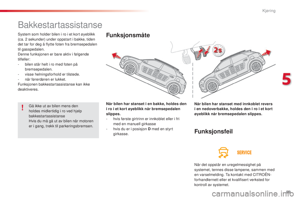 CITROEN C4 CACTUS 2015  InstruksjonsbØker (in Norwegian) 89
C4-cactus_no_Chap05_conduite_ed02-2014
bakkestartassistanse
system som holder bilen i ro i et kort øyeblikk 
(ca. 2  sekunder) under oppstart i bakke, tiden 
det tar for deg å flytte foten fra br