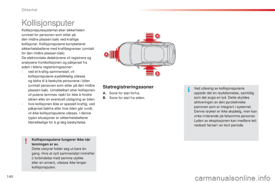 CITROEN C4 CACTUS 2014  InstruksjonsbØker (in Norwegian) 140
E3_no_Chap07_securite_ed01-2014
Kollisjonsputer
Kollisjonsputesystemet øker sikkerheten 
(unntatt for personen som sitter på 
den midtre plassen bak) ved kraftige 
kollisjoner. Kollisjonsputene 