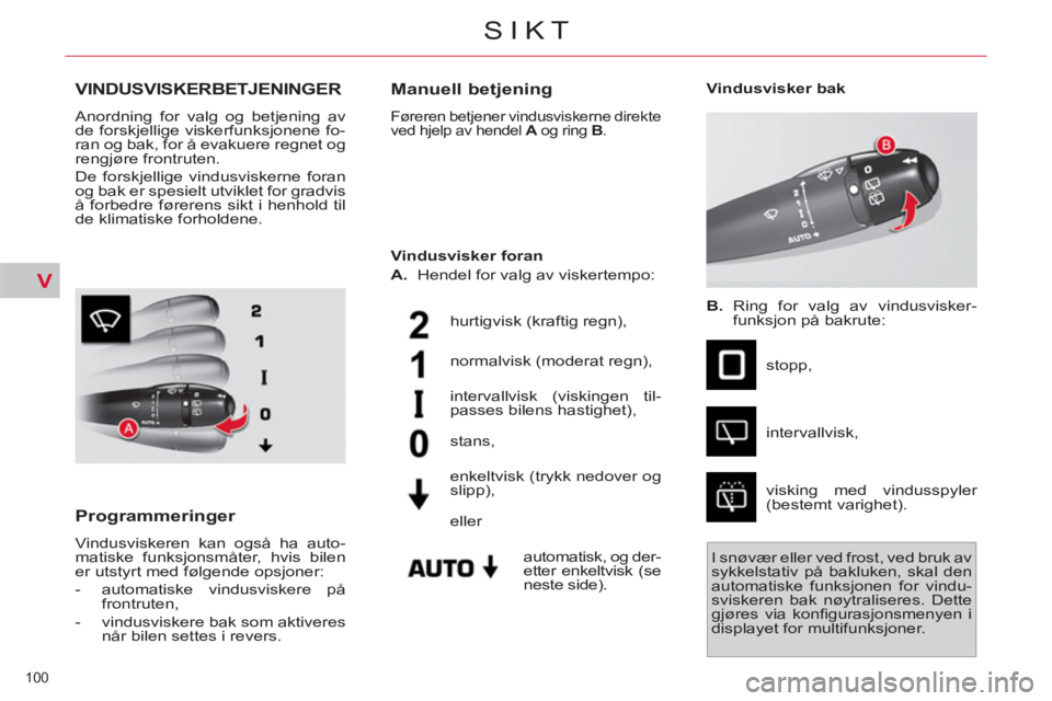 CITROEN C4 SPACETOURER 2013 InstruksjonsbØker (in Norwegian) V
100
SIKT
VINDUSVISKERBETJENINGER
Anordning for valg og betjening av
de forskjellige viskerfunksjonene fo-
ran og bak, for å evakuere regnet og
rengjøre frontruten.
De forskjellige vindusv CITROEN C4 SPACETOURER 2013 InstruksjonsbØker (in Norwegian) V
100
SIKT
VINDUSVISKERBETJENINGER
Anordning for valg og betjening av
de forskjellige viskerfunksjonene fo-
ran og bak, for å evakuere regnet og
rengjøre frontruten.
De forskjellige vindusv