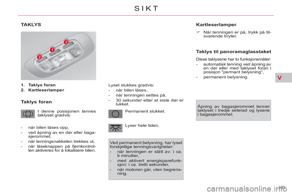 CITROEN C4 SPACETOURER 2013 InstruksjonsbØker (in Norwegian) V
103
SIKT
TAKLYS
1.
Taklys foran
2.
Kartleserlamper
Taklys foran
I denne posisjonen tennes
taklyset gradvis: Permanent slukket.
Lyser hele tiden.
Ved permanen CITROEN C4 SPACETOURER 2013 InstruksjonsbØker (in Norwegian) V
103
SIKT
TAKLYS
1.
Taklys foran
2.
Kartleserlamper
Taklys foran
I denne posisjonen tennes
taklyset gradvis: Permanent slukket.
Lyser hele tiden.
Ved permanen