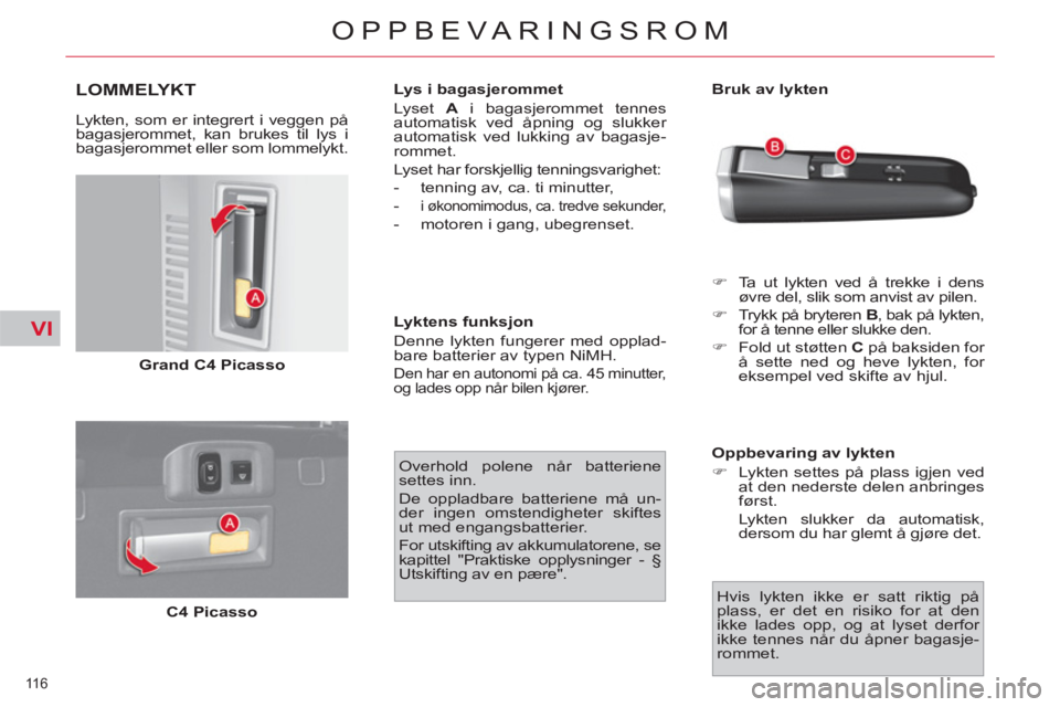 CITROEN C4 SPACETOURER 2013  InstruksjonsbØker (in Norwegian) VI
116 
OPPBEVARINGSROM
LOMMELYKT
   
Lykten, som er integrert i veggen på 
bagasjerommet, kan brukes til lys i 
bagasjerommet eller som lommelykt. 
   
Grand C4 Picasso 
 
   
C4 Picasso 
    
Lys i