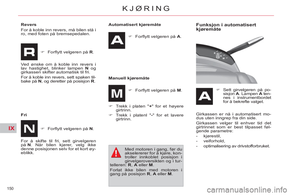 CITROEN C4 SPACETOURER 2013  InstruksjonsbØker (in Norwegian) IX
150 
KJØRING
   
Automatisert kjøremåte 
   
 
�) 
 Forﬂ ytt velgeren på  A 
.  
 
   
Manuell kjøremåte 
   
�) 
  Trekk i platen " + 
" for et høyere 
girtrinn. 
   
�) 
  Trekk i platen