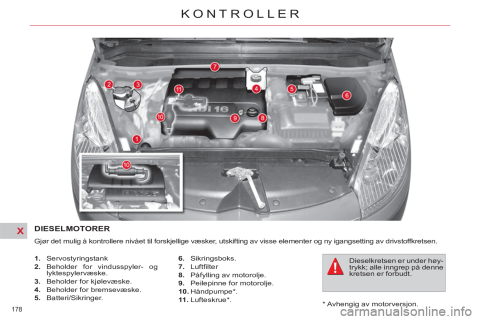 CITROEN C4 SPACETOURER 2013  InstruksjonsbØker (in Norwegian) X
178 
KONTROLLER
   
*   Avhengig av motorversjon.  
DIESELMOTORER 
 
Gjør det mulig å kontrollere nivået til forskjellige væsker, utskifting av visse elementer og ny igangsetting av drivstoffkre