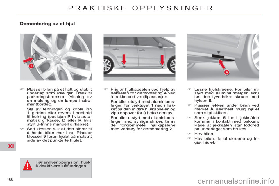 CITROEN C4 SPACETOURER 2013  InstruksjonsbØker (in Norwegian) XI
188 
PRAKTISKE OPPLYSNINGER
   
 
 
 
 
 
 
 
 
 
 
 
Demontering av et hjul 
 
 
 
�) 
   
Plasser bilen på et ﬂ att og stabilt 
underlag som ikke glir. Trekk til 
parkeringsbremsen (visning av