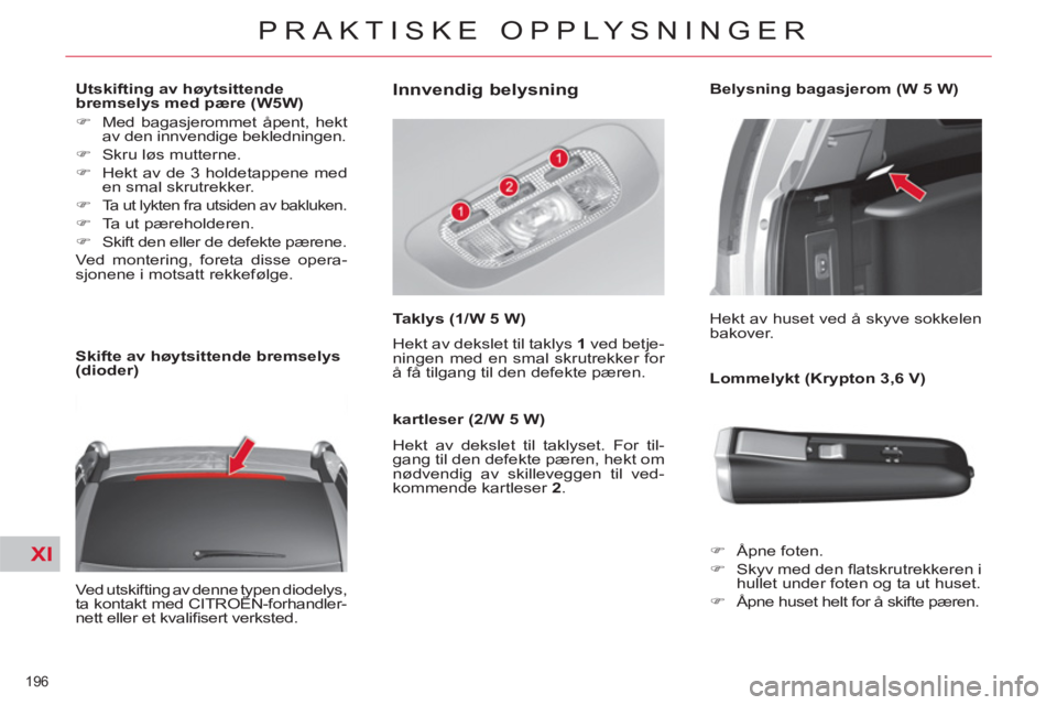 CITROEN C4 SPACETOURER 2013  InstruksjonsbØker (in Norwegian) XI
196 
PRAKTISKE OPPLYSNINGER
   
 
 
 
 
 
 
Utskifting av høytsittende 
bremselys med pære (W5W) 
   
 
�) 
  Med bagasjerommet åpent, hekt 
av den innvendige bekledningen. 
   
�) 
  Skru løs 