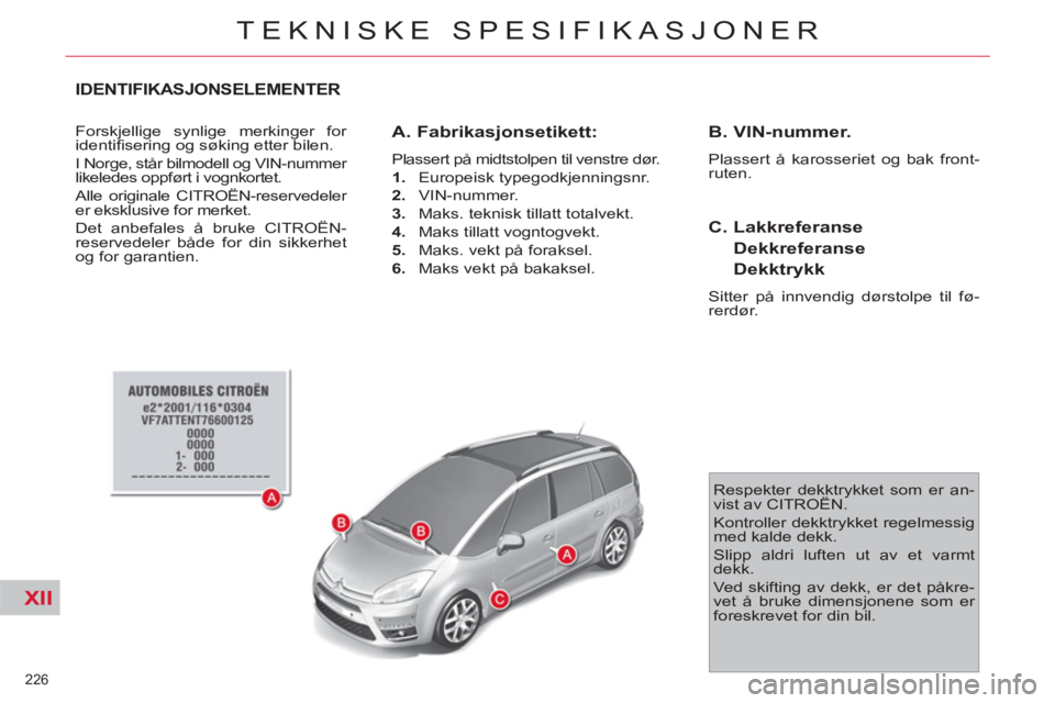 CITROEN C4 SPACETOURER 2013 InstruksjonsbØker (in Norwegian) XII
226
TEKNISKE SPESIFIKASJONER
IDENTIFIKASJONSELEMENTER
Forskjellige synlige merkinger for
identifi sering og søking etter bilen.
I Norge, står bilmodell og VIN-nummer
likeledes oppført CITROEN C4 SPACETOURER 2013 InstruksjonsbØker (in Norwegian) XII
226
TEKNISKE SPESIFIKASJONER
IDENTIFIKASJONSELEMENTER
Forskjellige synlige merkinger for
identifi sering og søking etter bilen.
I Norge, står bilmodell og VIN-nummer
likeledes oppført
