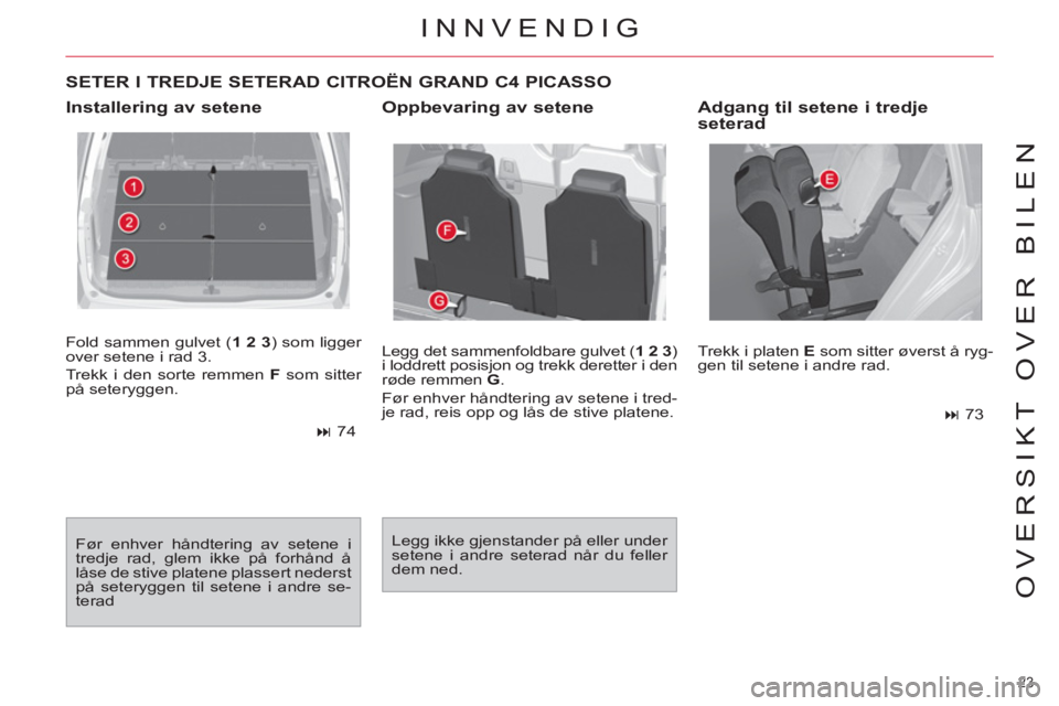 CITROEN C4 SPACETOURER 2013  InstruksjonsbØker (in Norwegian) 23 
OVERSIKT OVER BILEN
  Fold sammen gulvet ( 1 2 3 
) som ligger 
over setene i rad 3. 
  Trekk i den sorte remmen  F 
 som sitter 
på seteryggen. 
   
 
� 
 74  
  Før enhver håndtering av sete