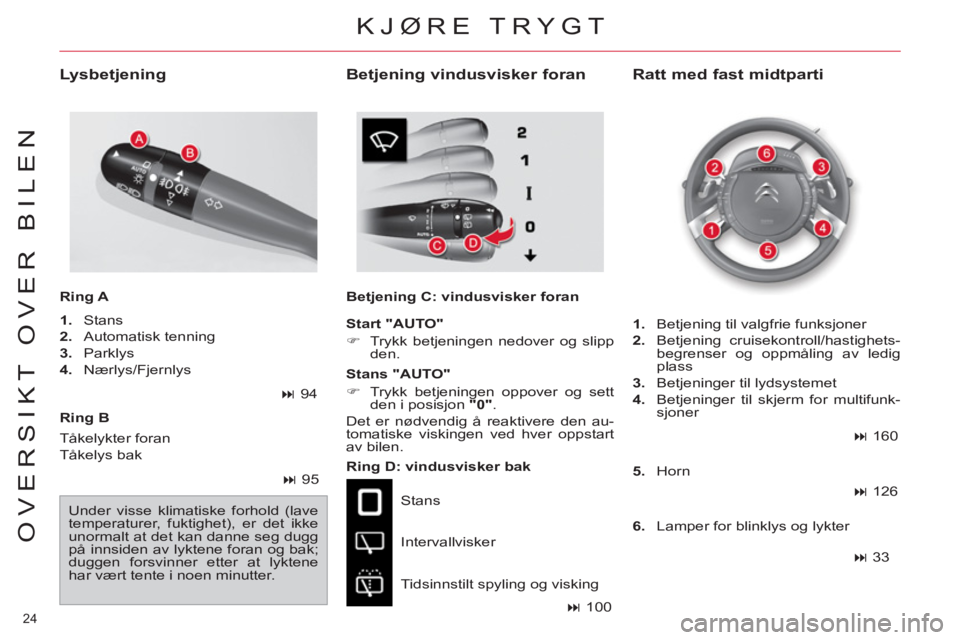CITROEN C4 SPACETOURER 2013  InstruksjonsbØker (in Norwegian) 24 
OVERSIKT OVER BILEN
   
Ring B  
   
Ring D: vindusvisker bak 
  Stans 
  Intervallvisker 
  Tidsinnstilt spyling og visking 
 
 
Ratt med fast midtparti   
 
Lysbetjening 
 
 
Ring A  
   
 
� 
