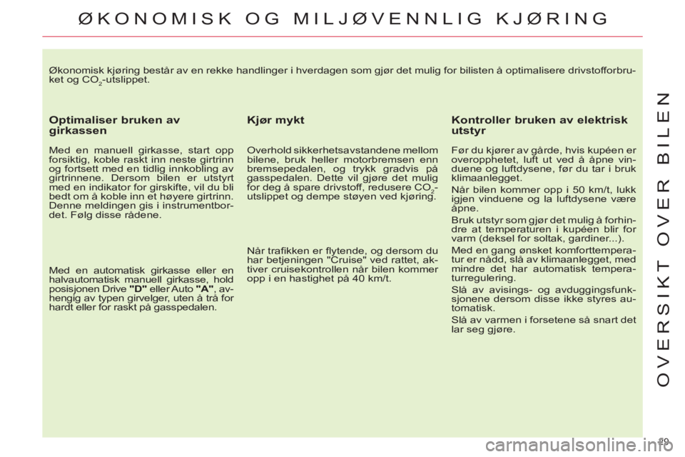 CITROEN C4 SPACETOURER 2013 InstruksjonsbØker (in Norwegian) 29
OVERSIKT OVER BILEN
Økonomisk kjøring består av en rekke handlinger i hverdagen som gjør det mulig for bilisten å optimalisere drivstofforbru-
ket og CO
2-utslippet.
Optimaliser bruken CITROEN C4 SPACETOURER 2013 InstruksjonsbØker (in Norwegian) 29
OVERSIKT OVER BILEN
Økonomisk kjøring består av en rekke handlinger i hverdagen som gjør det mulig for bilisten å optimalisere drivstofforbru-
ket og CO
2-utslippet.
Optimaliser bruken