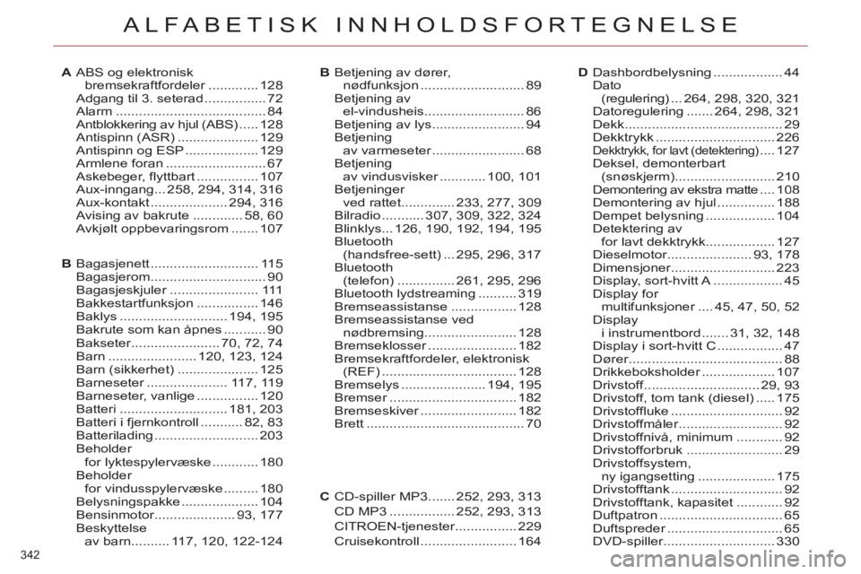 CITROEN C4 SPACETOURER 2013 InstruksjonsbØker (in Norwegian) 342
ALFABETISK INNHOLDSFORTEGNELSE
ABS og elektroniskbremsekraftfordeler.............r128Adgang til 3. seterad................72Alarm .......................................84Antblokkering av hjul (A CITROEN C4 SPACETOURER 2013 InstruksjonsbØker (in Norwegian) 342
ALFABETISK INNHOLDSFORTEGNELSE
ABS og elektroniskbremsekraftfordeler.............r128Adgang til 3. seterad................72Alarm .......................................84Antblokkering av hjul (A