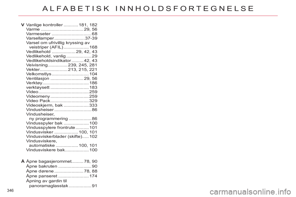 CITROEN C4 SPACETOURER 2013 InstruksjonsbØker (in Norwegian) 346
ALFABETISK INNHOLDSFORTEGNELSE
Åpne bagasjerommet.........78,90Åpne bakruten .........................90Åpne dørene......................78,88Åpne panseret .......................174Åpning CITROEN C4 SPACETOURER 2013 InstruksjonsbØker (in Norwegian) 346
ALFABETISK INNHOLDSFORTEGNELSE
Åpne bagasjerommet.........78,90Åpne bakruten .........................90Åpne dørene......................78,88Åpne panseret .......................174Åpning