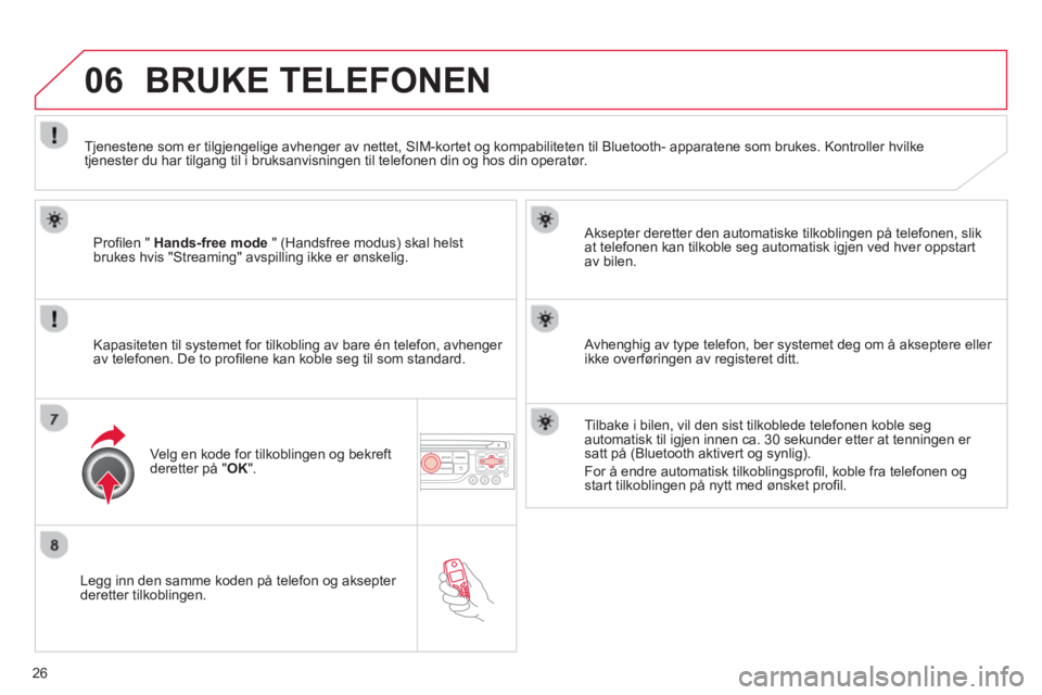 CITROEN C4 SPACETOURER 2013 InstruksjonsbØker (in Norwegian) 26
06
Legg inn den samme koden på telefon og aksepter deretter tilkoblingen.
Aksepter deretter den automatiske tilkoblin
gen på telefonen, slik
at telefonen kan tilkoble seg automatisk igjen CITROEN C4 SPACETOURER 2013 InstruksjonsbØker (in Norwegian) 26
06
Legg inn den samme koden på telefon og aksepter deretter tilkoblingen.
Aksepter deretter den automatiske tilkoblin
gen på telefonen, slik
at telefonen kan tilkoble seg automatisk igjen
