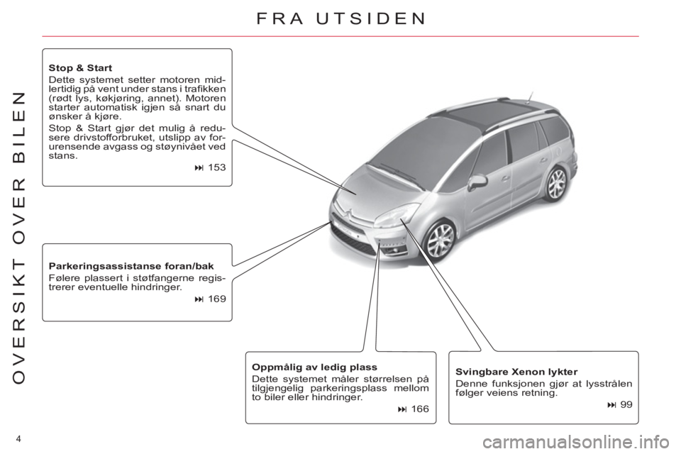 CITROEN C4 SPACETOURER 2013  InstruksjonsbØker (in Norwegian) 4 
OVERSIKT OVER BILEN   
Svingbare Xenon lykter 
 
  Denne funksjonen gjør at lysstrålen 
følger veiens retning. 
   
 
� 
 99      
Parkeringsassistanse 
  foran/bak 
 
  Følere plassert i stø