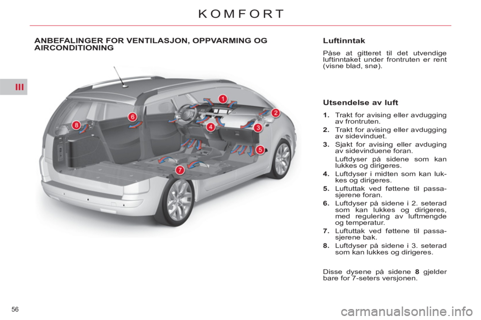 CITROEN C4 SPACETOURER 2013  InstruksjonsbØker (in Norwegian) III
56 
KOMFORT
ANBEFALINGER FOR VENTILASJON, OPPVARMING OG
AIRCONDITIONING   
Luftinntak 
 
Påse at gitteret til det utvendige 
luftinntaket under frontruten er rent 
(visne blad, snø).  
 
 
Utsen