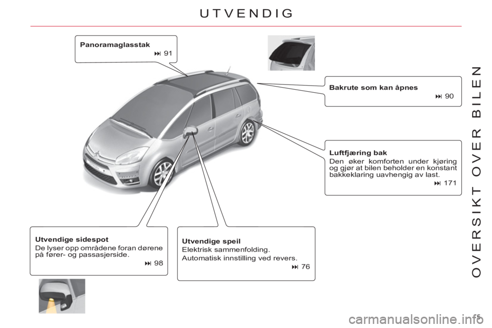 CITROEN C4 SPACETOURER 2013  InstruksjonsbØker (in Norwegian) 5 
OVERSIKT OVER BILEN
   
Panoramaglasstak 
 
   
 
� 
 91  
   
Bakrute som kan åpnes 
 
   
 
� 
 90  
   
Luftfjæring bak 
 
  Den øker komforten under kjøring 
og gjør at bilen beholder en