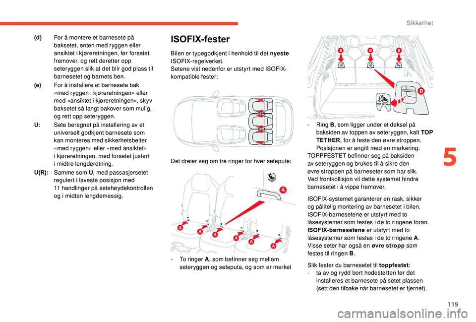 CITROEN C4 SPACETOURER 2021 InstruksjonsbØker (in Norwegian) 119
ISOFIX-systemet garanterer en rask, sikker
og pålitelig montering av barnesetet i bilen.
ISOFIX-barnesetene er utstyrt med to
låsesystemer som festes i
de to ringene foran.
ISOFIX-barneset CITROEN C4 SPACETOURER 2021 InstruksjonsbØker (in Norwegian) 119
ISOFIX-systemet garanterer en rask, sikker
og pålitelig montering av barnesetet i bilen.
ISOFIX-barnesetene er utstyrt med to
låsesystemer som festes i
de to ringene foran.
ISOFIX-barneset